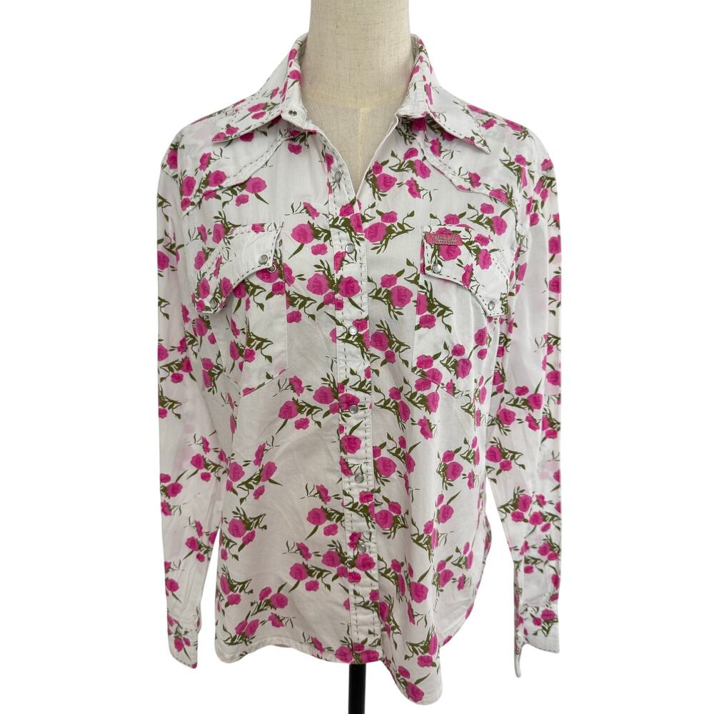 Cowgirl Hardware Pink Floral Monet Long Sleeve Snap Western Shirt, Size Large